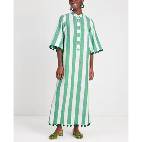 Kate Spade Awning Stripe Pom-Pom Tunic Dress Crop Sleeve White Green SZ Medium - Picture 14 of 14